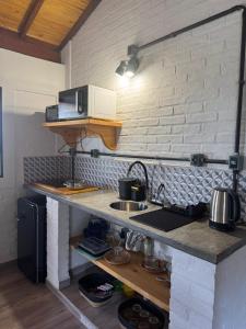 a kitchen counter with a sink and a microwave at Espaço RAVI 1 in Monte Verde