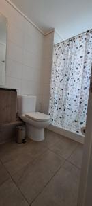 a bathroom with a toilet and a shower curtain at Montenegro 2 dormitorios in Temuco