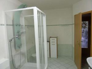 a bathroom with a shower with a glass door at Windland in the holiday home Wiek in Wiek auf Rügen  +14 photos
