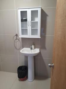 a bathroom with a white sink and a cabinet at Casa en Liumalla in Villarrica