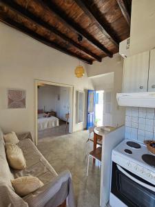 a kitchen and living room with a couch and a stove at MilosBluePearl in Triovasálos