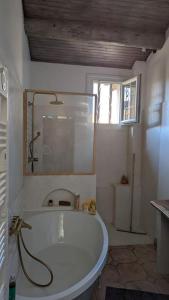 una vasca bianca in un bagno con finestra di Maison cosy Avignon ad Avignone Altre 4 foto