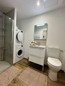 a bathroom with a toilet and a sink and a washing machine at Studio d'Hôtes Victoire in Sainghin-en-Weppes +32 photos