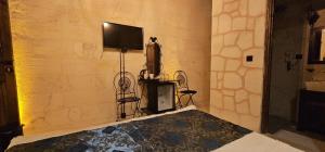 a room with a wall with a tv and a bed at Cleopatra Antique Hotel in Urfa