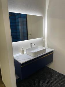 a bathroom with a white sink and a mirror at Hypnos-Hébergement champenois-Hypercentre in Chalons en Champagne