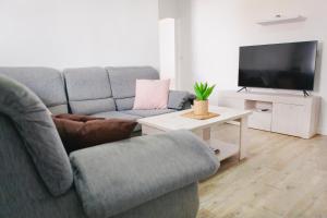een woonkamer met een bank en een tv bij APARTAMENTO LOS LANCES PLAYA in Tarifa