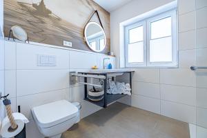 ein Badezimmer mit Toilette, Waschbecken und Spiegel in der Unterkunft Ferienwohnung Wiking-Koje 8 Schleswig in Schleswig
