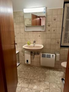 a bathroom with a sink and a mirror at Nordsee Huus in Friedrichskoog-Spitz