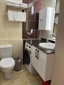 une salle de bain avec un lavabo et une machine à laver dans l'établissement Chic Studio with Modern Comforts, à Hurghada