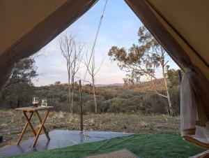a tent with a table inside of it with a view at The Stockyard Experience in Mumbil