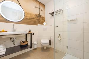 ein Badezimmer mit Dusche, Toilette und Waschbecken in der Unterkunft Deluxe Studio-Apartment "Wiking-Koje 10" direkt an der Schlei in Schleswig