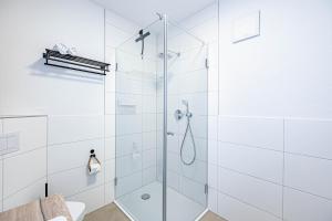 ein Badezimmer mit Dusche mit Glastür in der Unterkunft Deluxe Studio-Apartment "Wiking-Koje 10" direkt an der Schlei in Schleswig