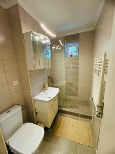 a bathroom with a toilet and a sink and a shower at A's apartment in Onești