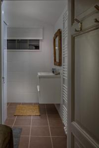 a small bathroom with a sink and a mirror at Aan de Holle Weg. Zeer landelijk gelegen verbouwde stal tot woning in Nuth