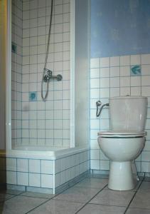 a bathroom with a white toilet and a shower at Pokój Paw-puszcza kampinowska in Nowy Secymin