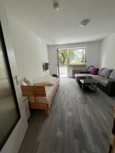 un salon avec un lit et un canapé dans l'établissement Schwabacher Goldstück - Wohnung für 2 Personen, à Schwabach