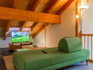 a living room with a green couch and a tv at Holiday Home Chalet Mirabelle by Interhome in Nendaz