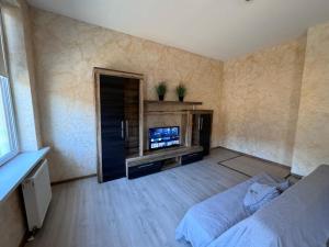 a living room with a bed and a television at Gemütliche Apartments AMT in Plauen