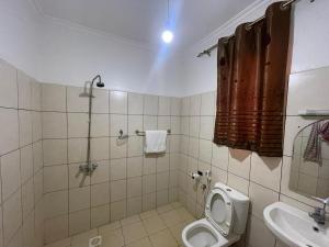 Un baño con inodoro, ducha y lavabo. en Brian's Hostels, en Moshi