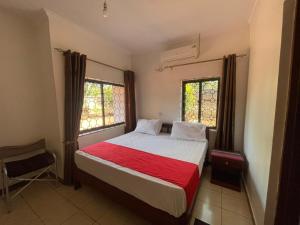 1 dormitorio con 1 cama con manta roja y 2 ventanas en Brian's Hostels, en Moshi