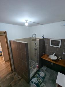 Habitación con baño con lavabo y ducha. en Home Song, en Calibishie