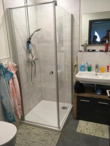 a bathroom with a shower and a sink at Moderne Ferienwohnung am Wald in Siegsdorf