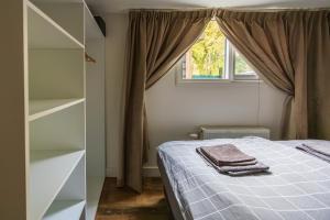 DoornspijkにあるVakantiehuis Veluws Genieten met whirlpool en saunaのベッドと窓と棚のある寝室