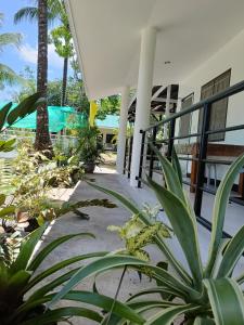 a porch of a building with palm trees and plants at S&Rs Cottages And Rentals in Mambajao