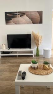 a living room with a tv and a coffee table at Jolie petite maison in Saint-Vaast +13 photos