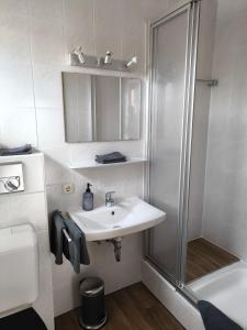 a bathroom with a sink and a shower at Ferienwohnung Fleur in Bad Kohlgrub