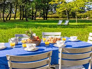 a table with a blue table cloth and a basket of food at Holiday Home Le Prado-3 by Interhome in Saint-Philibert +33 photos