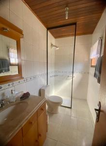 a bathroom with a toilet and a shower and a sink at Suite 391 - Quarto privativo em casa in Canela +16 photos