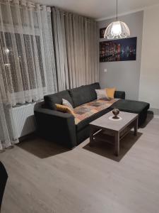 a living room with a black couch and a table at Apartma Xanadu in Slovenske Konjice
