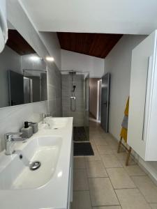 a bathroom with two sinks and a shower at Villa Arawak,3 chambres, piscine, jacuzzi, plage in Sainte-Luce