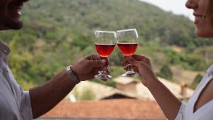 two people holding glasses of wine in their hands at Chalés Ouro de Minas in Conceição da Ibitipoca