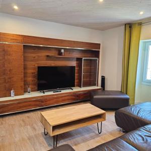 Una sala de estar con un televisor de pantalla plana grande. en Chez Pascal Sissi -Au Coeur de Vignes, parking free, en Châteauthébaud