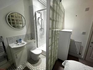 a bathroom with a sink and a toilet and a mirror at Queen Anne Court with FREE PARKING By Prescott Apartments in Abingdon +19 photos