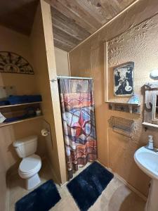 e bagno con servizi igienici e tenda per la doccia. di Acorn Hideaways Canton Rustic Old West Frontier Suite a Canton Altre 13 foto