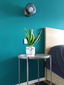 a potted plant sitting on a table in a bedroom at Casa Elio - Appartamento in centro con biciclette in Crema
