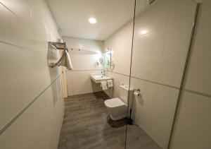 a small bathroom with a toilet and a sink at Apartamentos La Laguna in Fuente de Piedra +20 photos