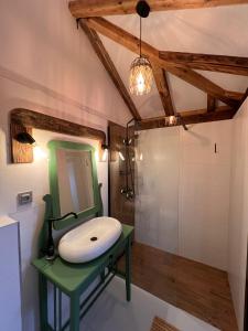 a bathroom with a sink and a mirror at Famíves vendégház in Racu