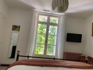 Televízia a/alebo spoločenská miestnosť v ubytovaní Maison de maître Les toiles à Elise