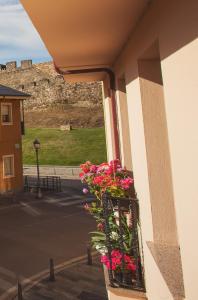 a window with flowers on the side of a building at Castillo Buenavista in Ponferrada