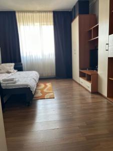 a bedroom with a bed and a window with a rug at Garso Fabricii in Someşeni +2 photos