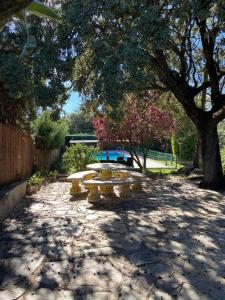 a group of yellow picnic tables under a tree at Quinta El Escorial in Escorial