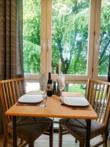 a wooden table with two chairs and a window at Zentrale Apartment in der Stadt Freiburg in Freiburg im Breisgau +13 photos
