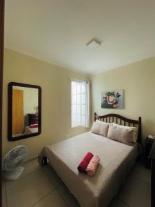 a bedroom with a large bed and a mirror at Casa aconchegante em São João del Rei in São João del Rei