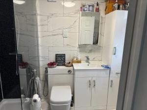 ein Badezimmer mit Toilette, Waschbecken und Dusche in der Unterkunft Comfy En-suite King Size room in Hornchurch + 3 Fotos