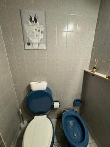 ein Badezimmer mit einem blauen WC und einem blauen Bidet in der Unterkunft Hermoso Departamento en el corazón del centro santiagueño a 100 metros de la plaza principal, con estacionamiento privado in Santiago del Estero