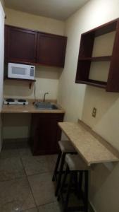 a small kitchen with a sink and a microwave at Casa Alvarado in Guanajuato